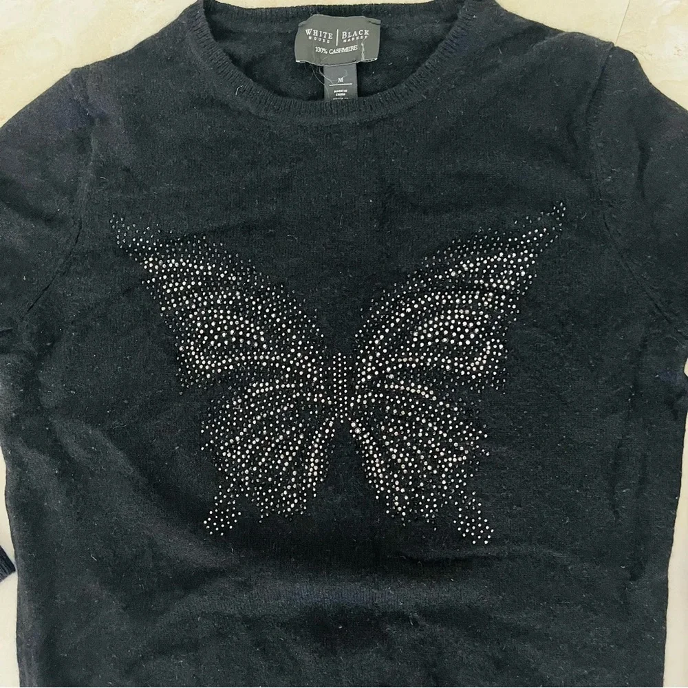 White House Black Market Cashmere Rhinestone Butterfly Sweater
